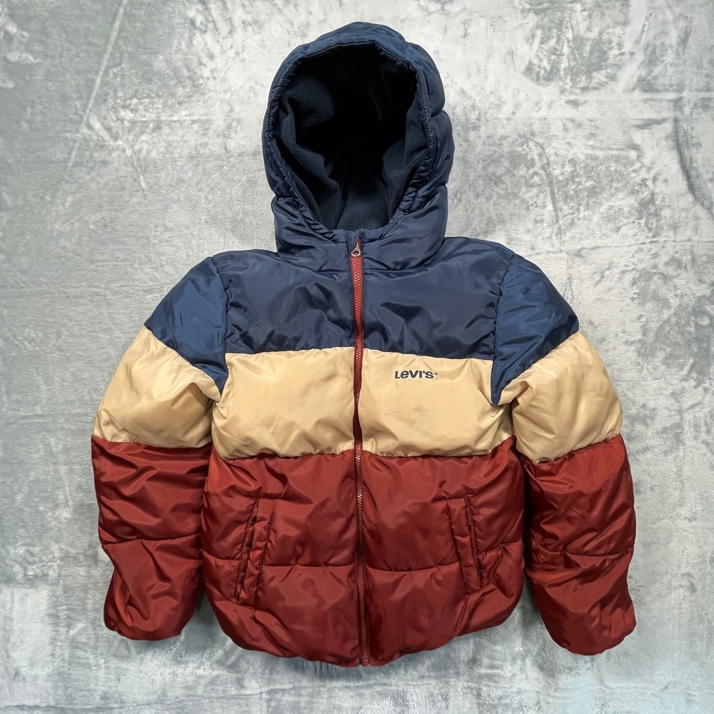 Levi's Puffer Jacket Boys Blue Tan Red Colorblock Hooded Quilted Size L 12-13